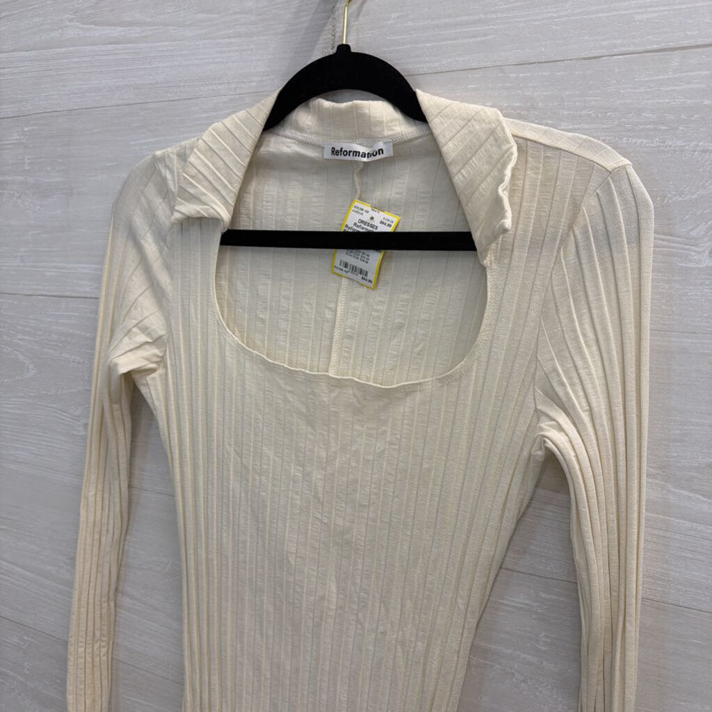 Reformation Cream Ribbed Long Sleeve Dress Medium