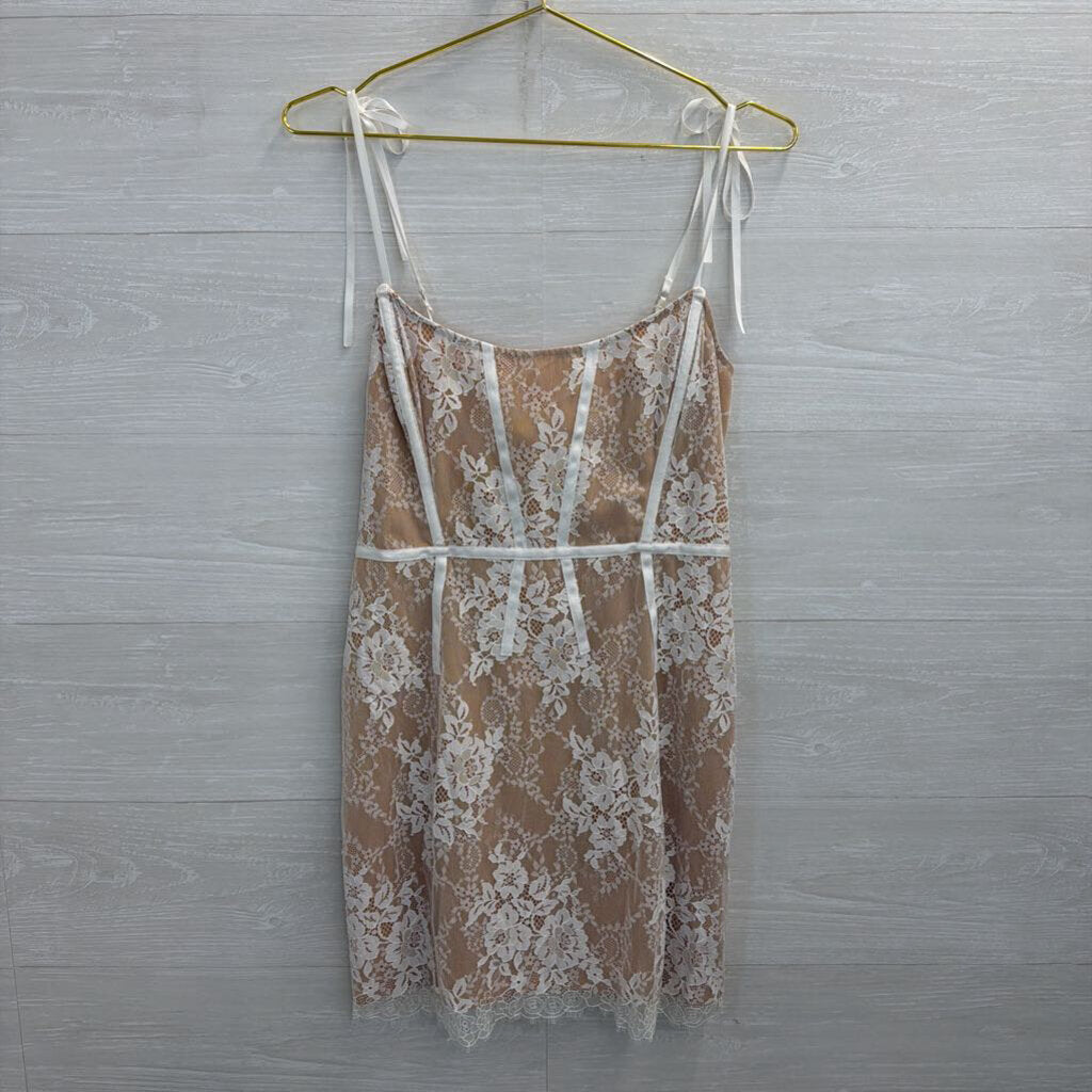 For Love and Lemons Beige/ White Lace Corset Detail Mini Dress Small