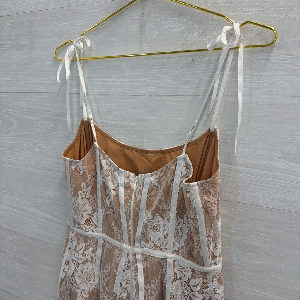 For Love and Lemons Beige/ White Lace Corset Detail Mini Dress Small