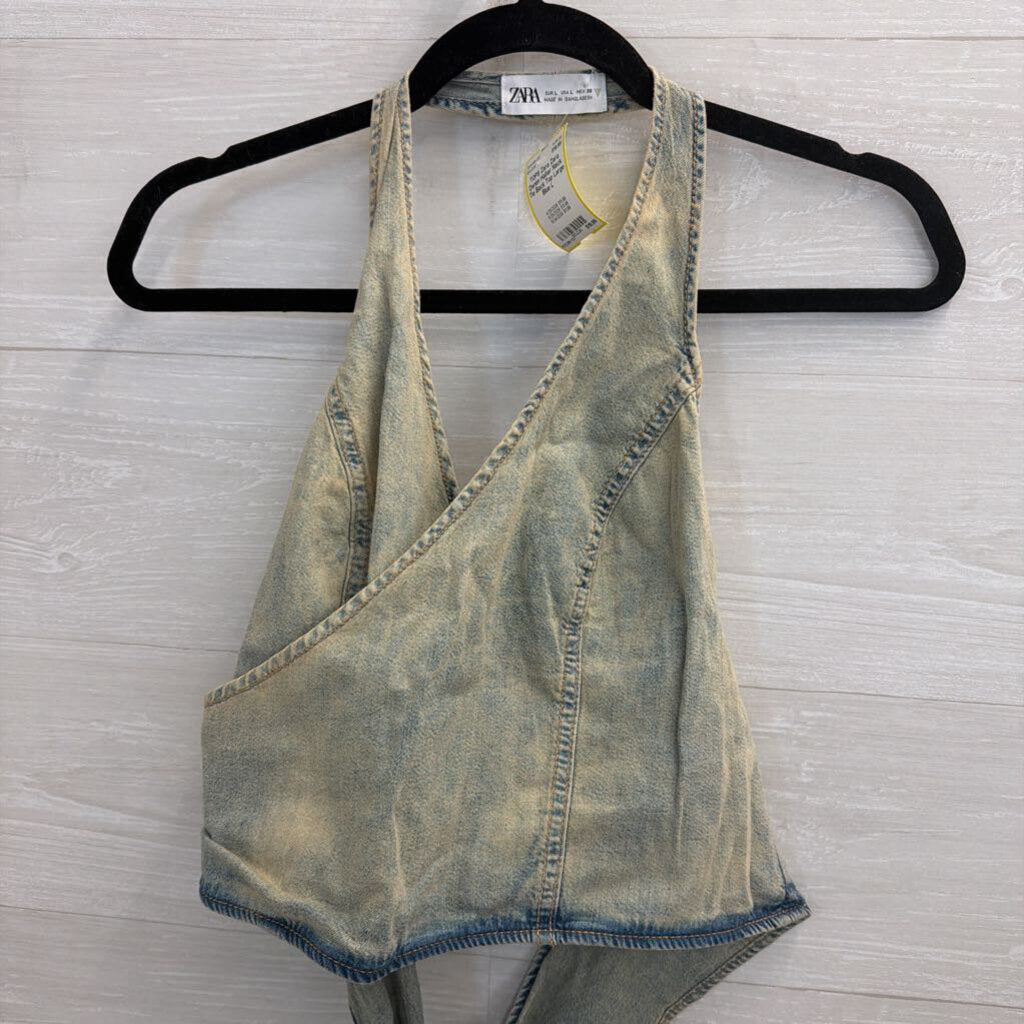 Zara Denim Halter Neck Tie Back Top Large