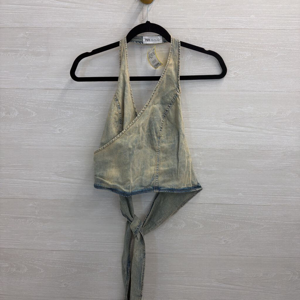 Zara Denim Halter Neck Tie Back Top Large