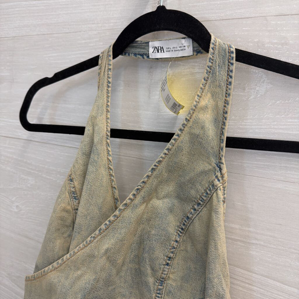 Zara Denim Halter Neck Tie Back Top Large