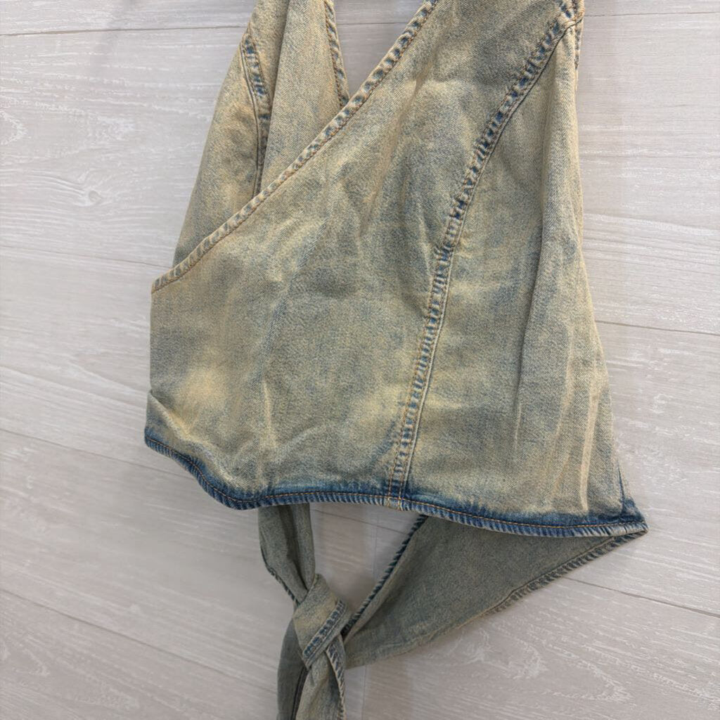 Zara Denim Halter Neck Tie Back Top Large