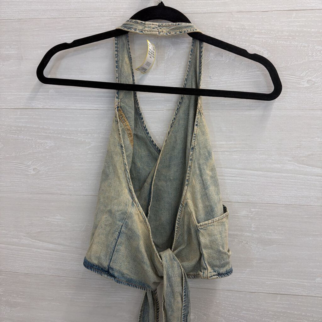 Zara Denim Halter Neck Tie Back Top Large