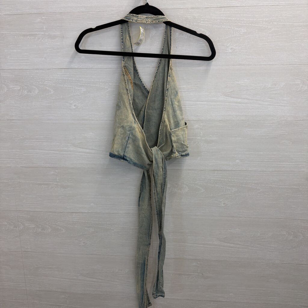 Zara Denim Halter Neck Tie Back Top Large
