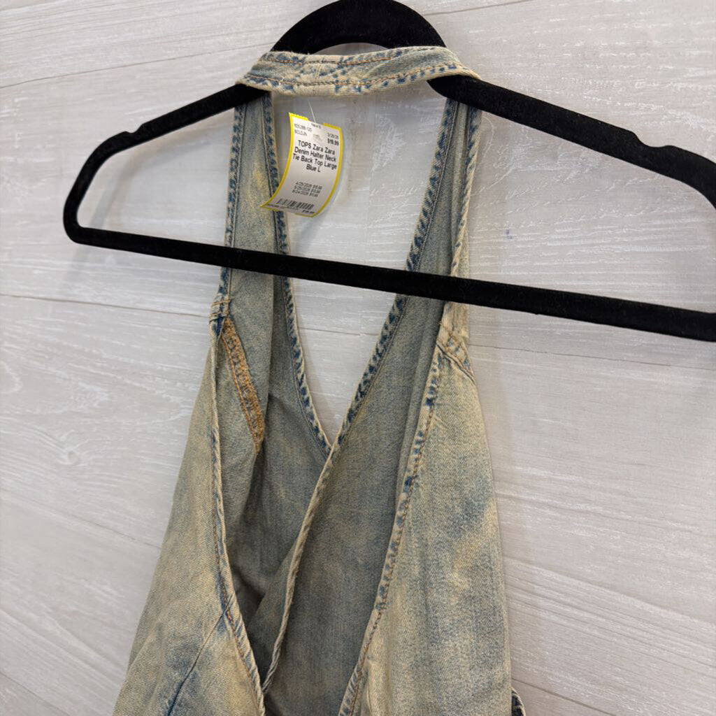 Zara Denim Halter Neck Tie Back Top Large