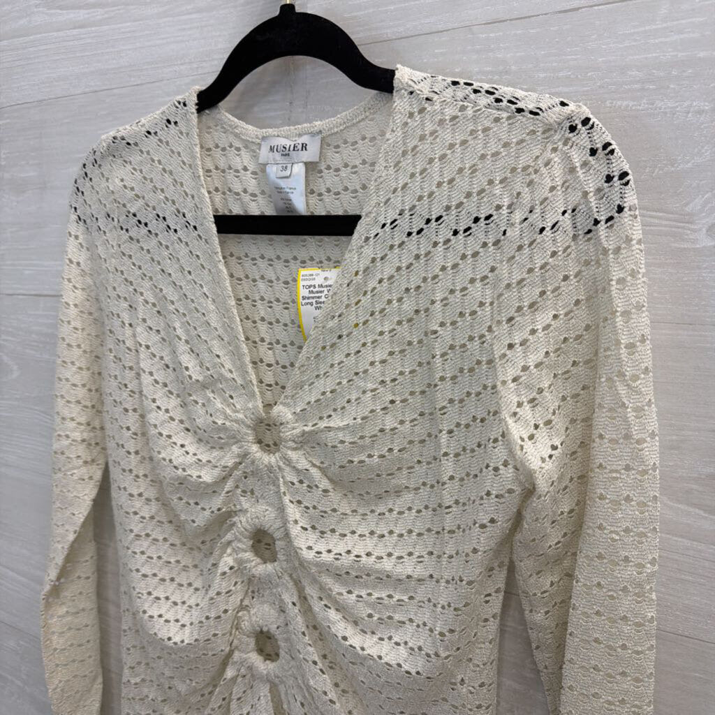 Musier White Shimmer Open Knit Long Sleeve Top 38
