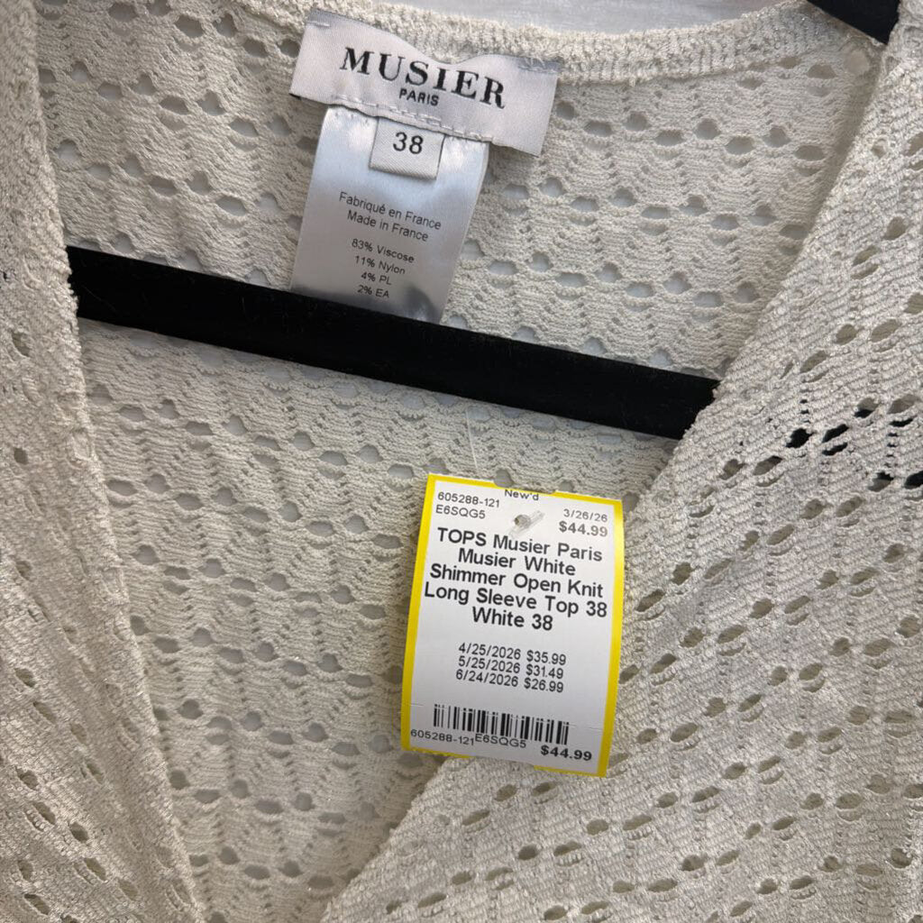 Musier White Shimmer Open Knit Long Sleeve Top 38