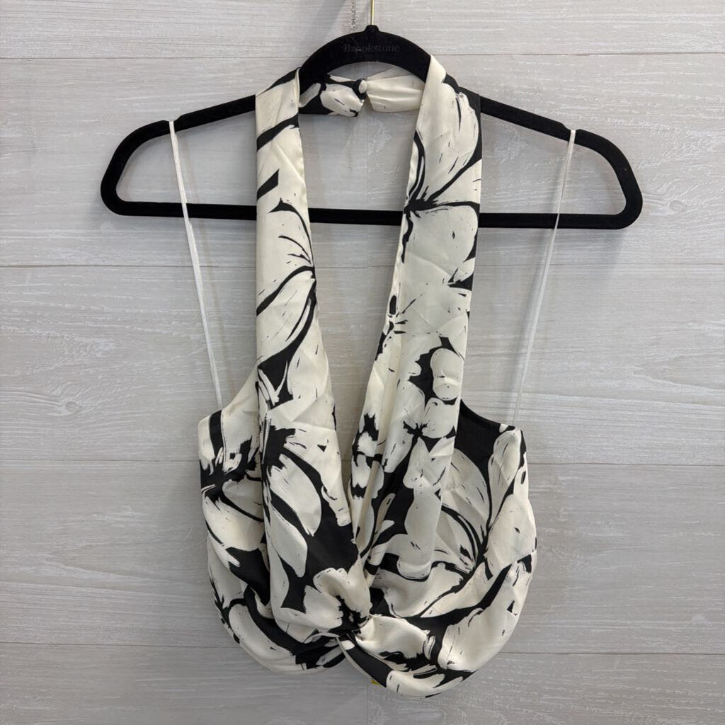 Zara Black/ White Silky Cropped Halter Top Large