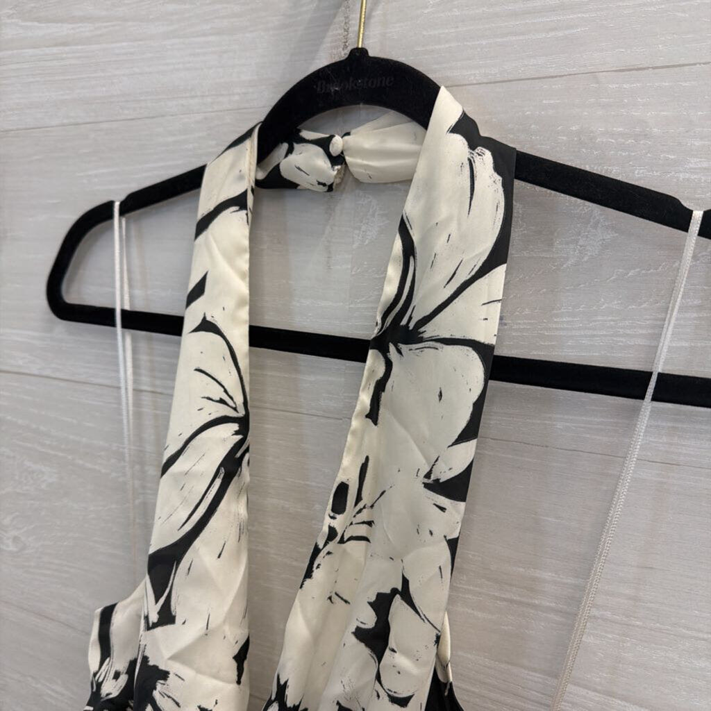 Zara Black/ White Silky Cropped Halter Top Large