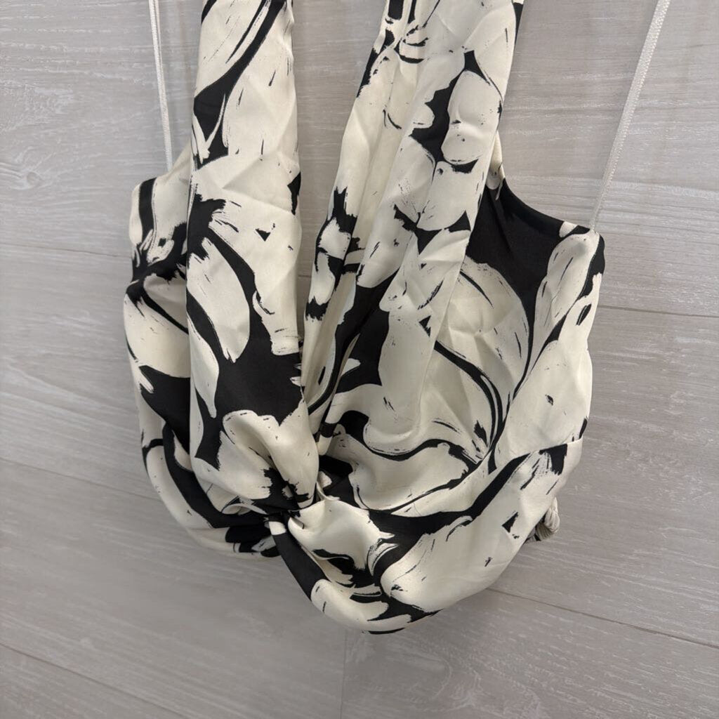 Zara Black/ White Silky Cropped Halter Top Large