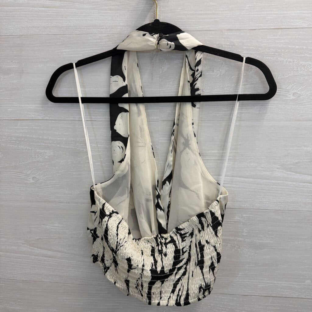 Zara Black/ White Silky Cropped Halter Top Large