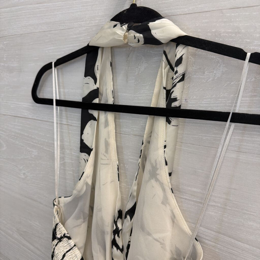Zara Black/ White Silky Cropped Halter Top Large