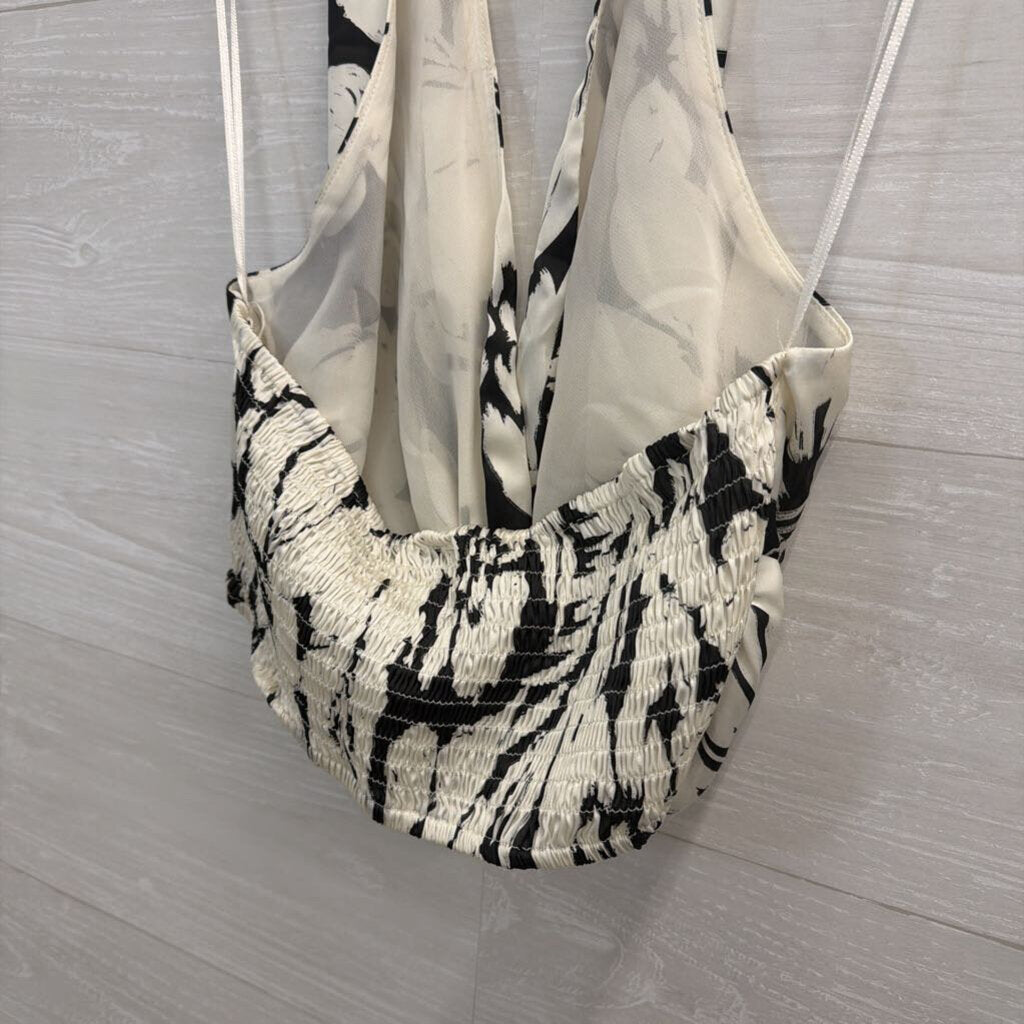 Zara Black/ White Silky Cropped Halter Top Large