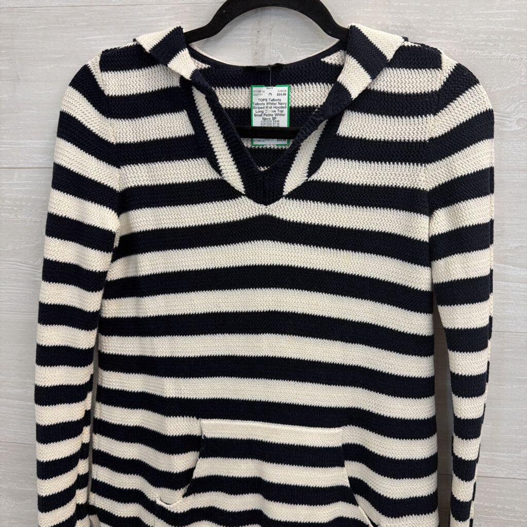 Talbots White/ Navy Striped Knit Hooded Long Sleeve Top Small Petite