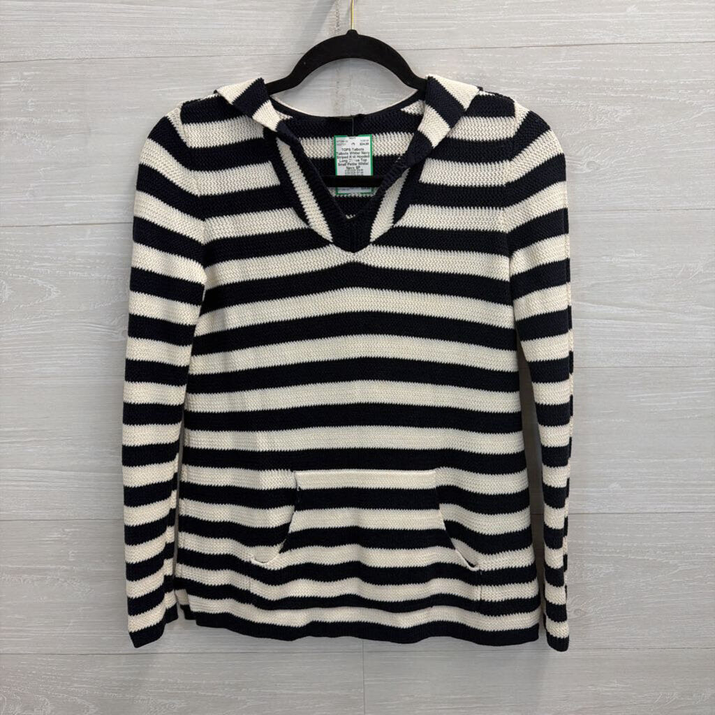 Talbots White/ Navy Striped Knit Hooded Long Sleeve Top Small Petite