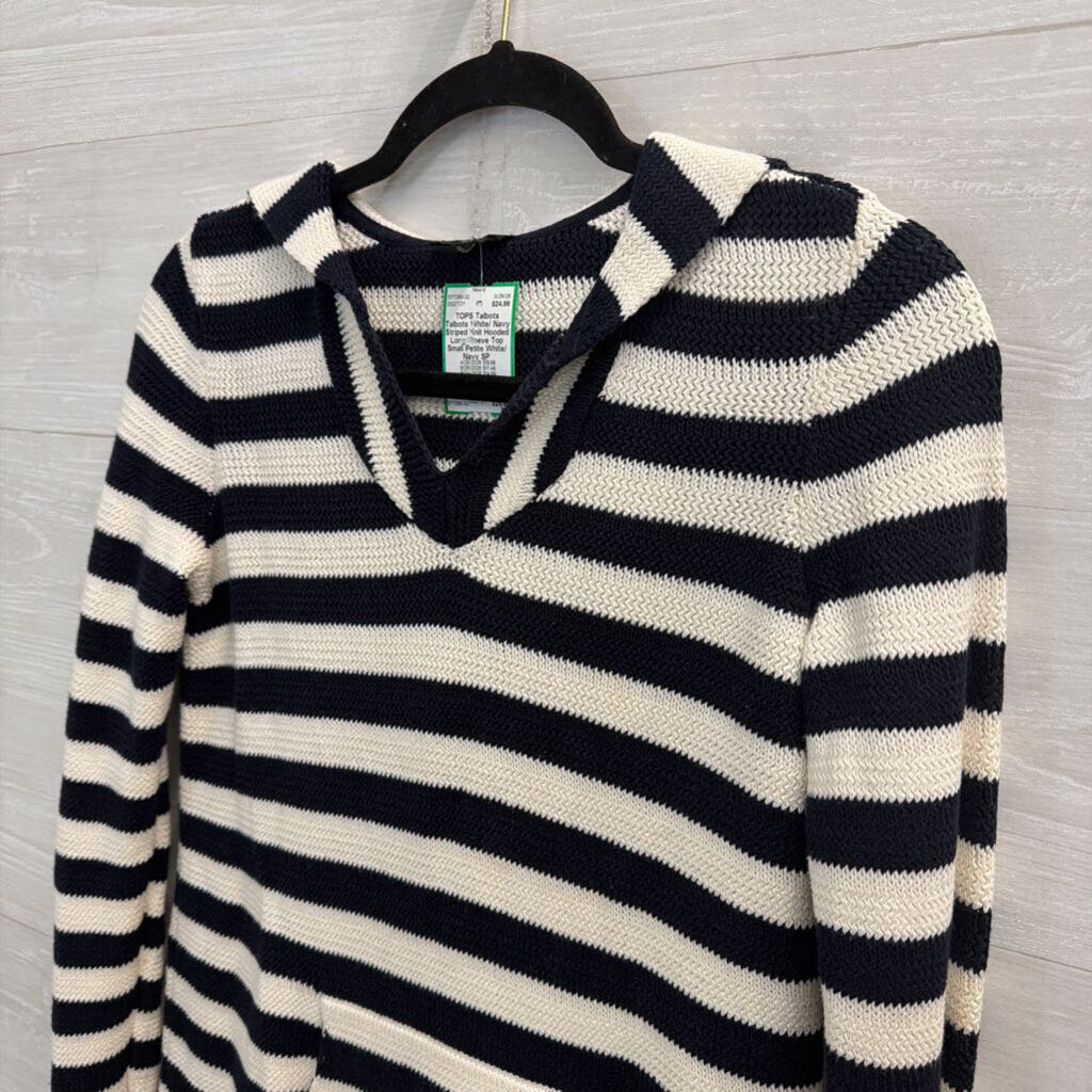 Talbots White/ Navy Striped Knit Hooded Long Sleeve Top Small Petite