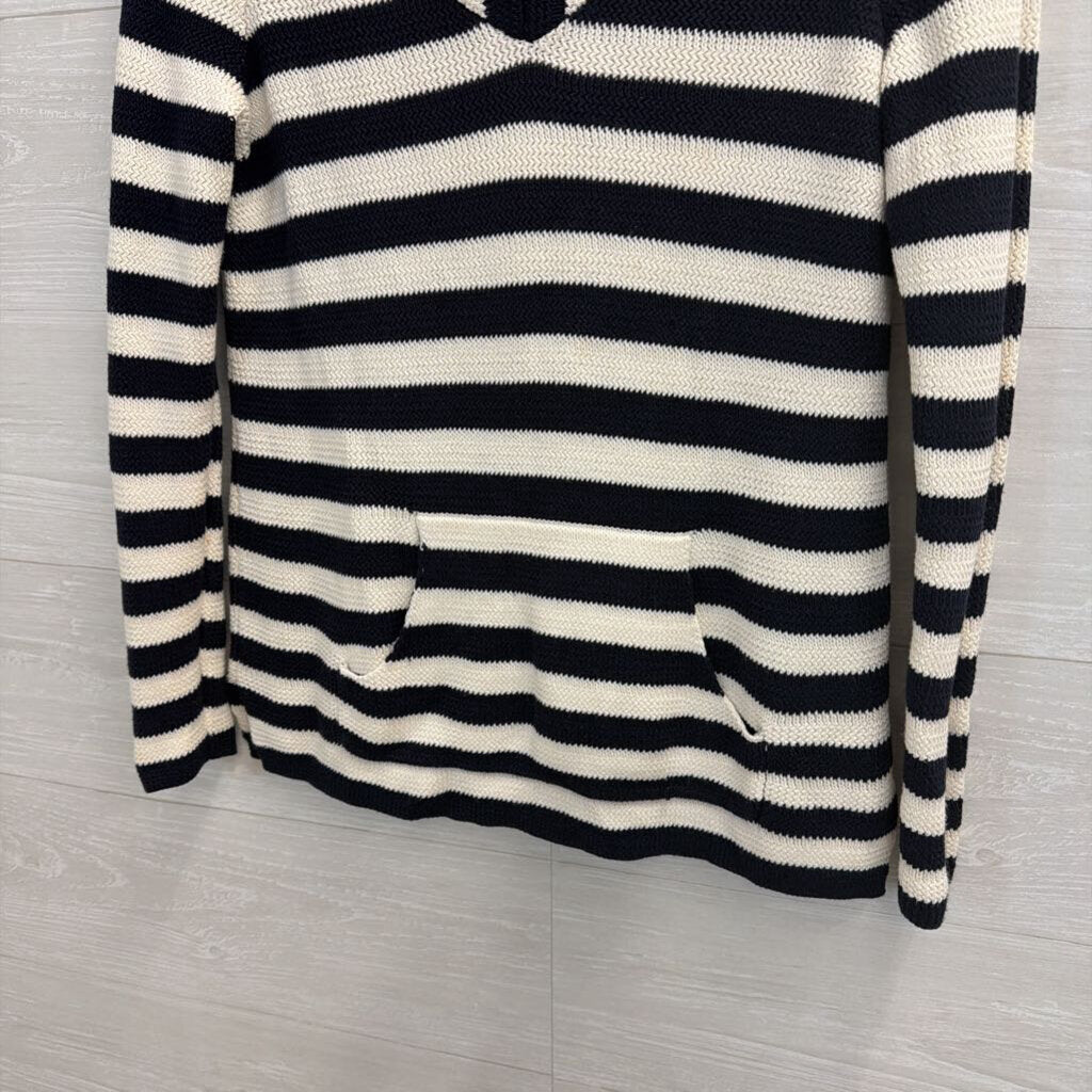 Talbots White/ Navy Striped Knit Hooded Long Sleeve Top Small Petite