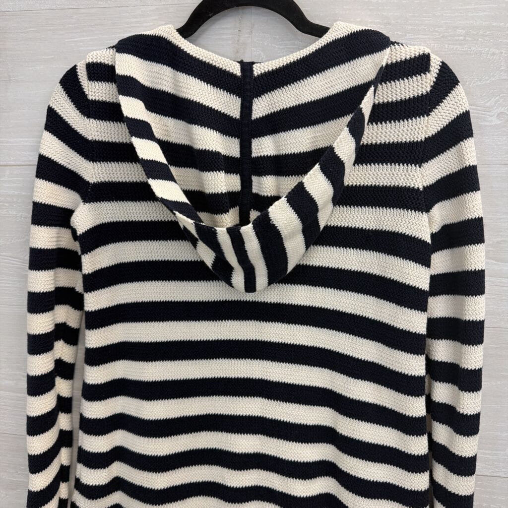 Talbots White/ Navy Striped Knit Hooded Long Sleeve Top Small Petite