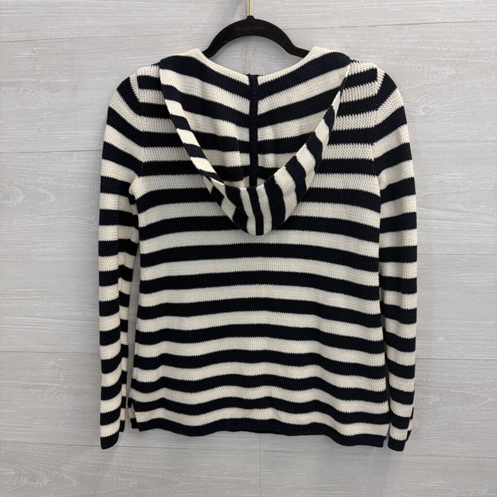 Talbots White/ Navy Striped Knit Hooded Long Sleeve Top Small Petite