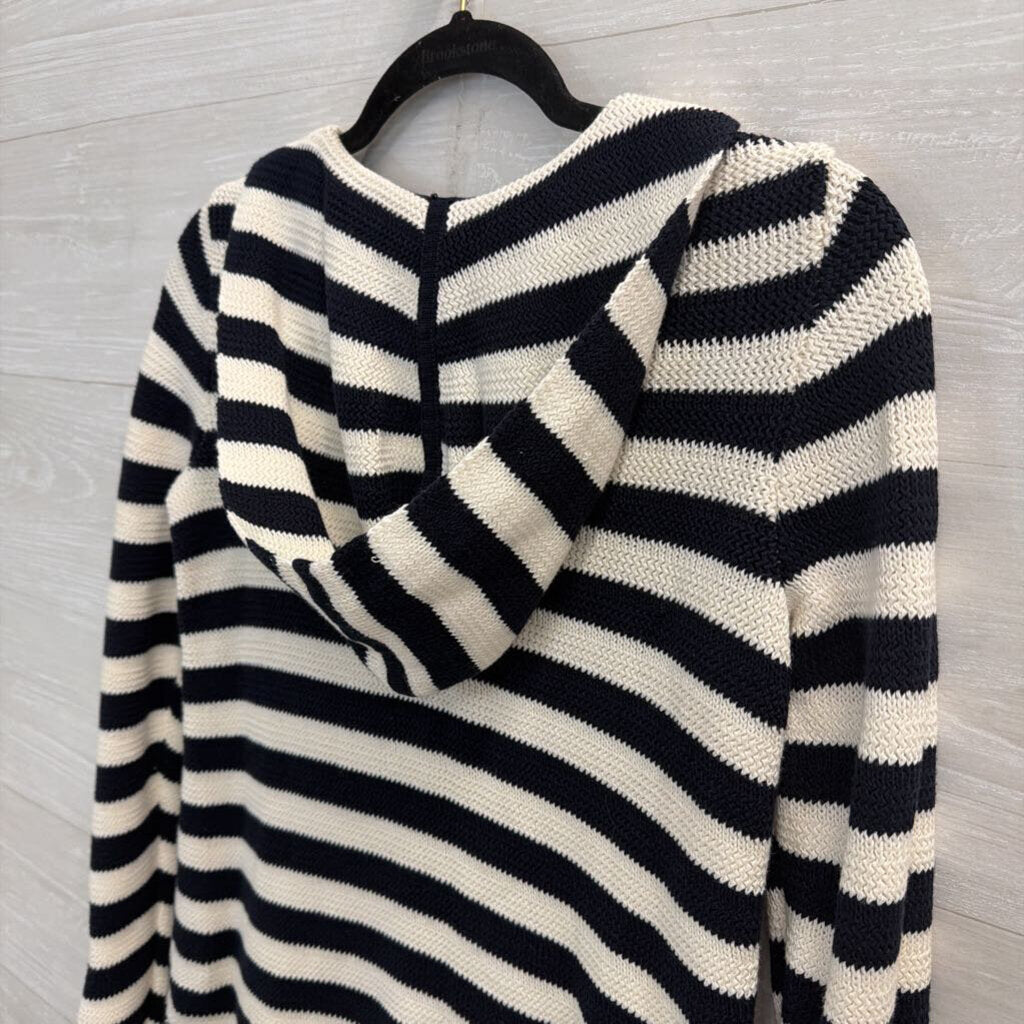 Talbots White/ Navy Striped Knit Hooded Long Sleeve Top Small Petite