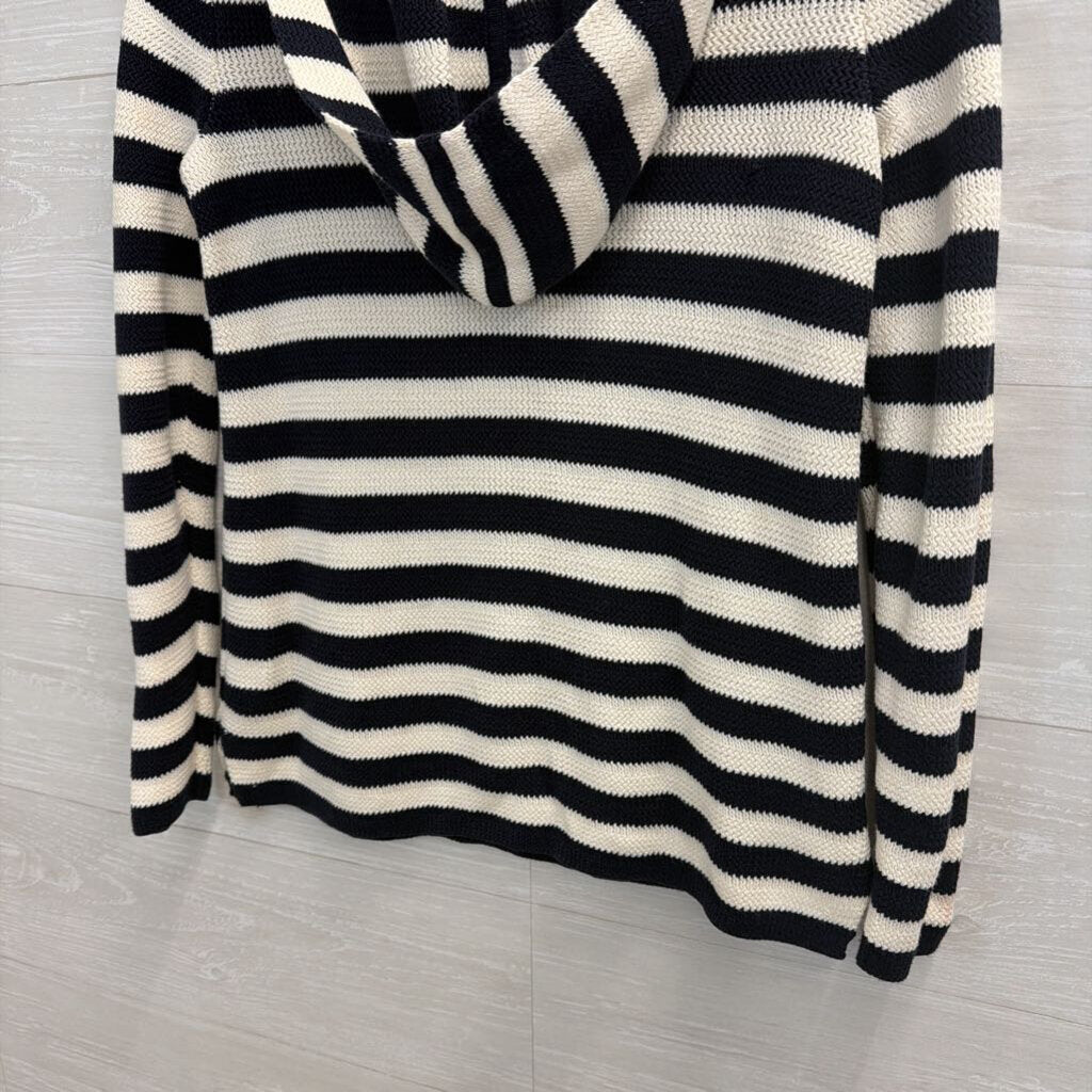Talbots White/ Navy Striped Knit Hooded Long Sleeve Top Small Petite