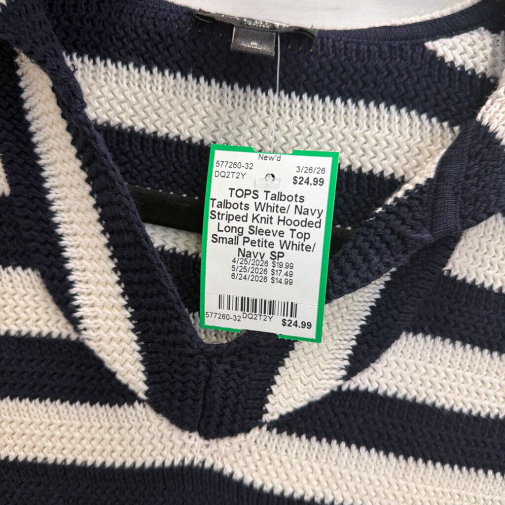 Talbots White/ Navy Striped Knit Hooded Long Sleeve Top Small Petite