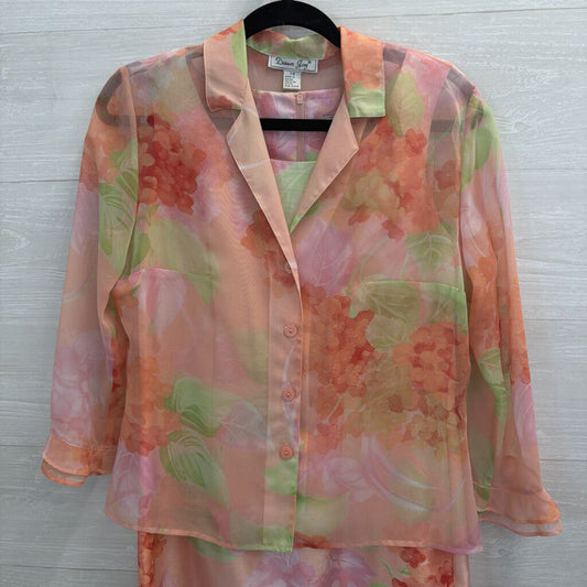 Vintage Dawn Joy Pink/ Multi Floral Print Shift Dress/ Sheer Jacket Dress 7/8