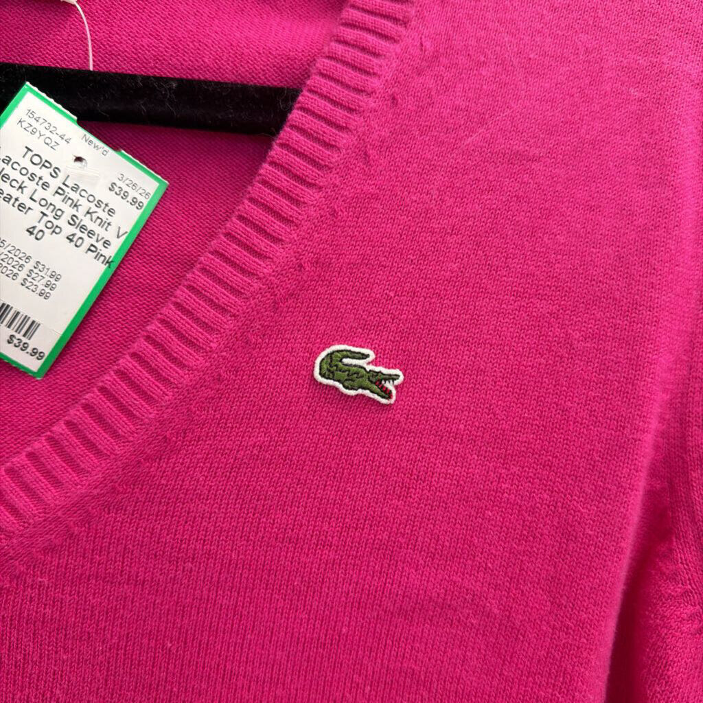 Lacoste Pink Knit V Neck Long Sleeve Sweater Top 40