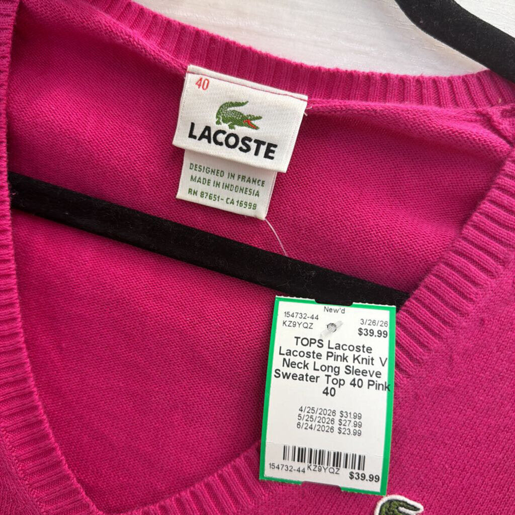 Lacoste Pink Knit V Neck Long Sleeve Sweater Top 40