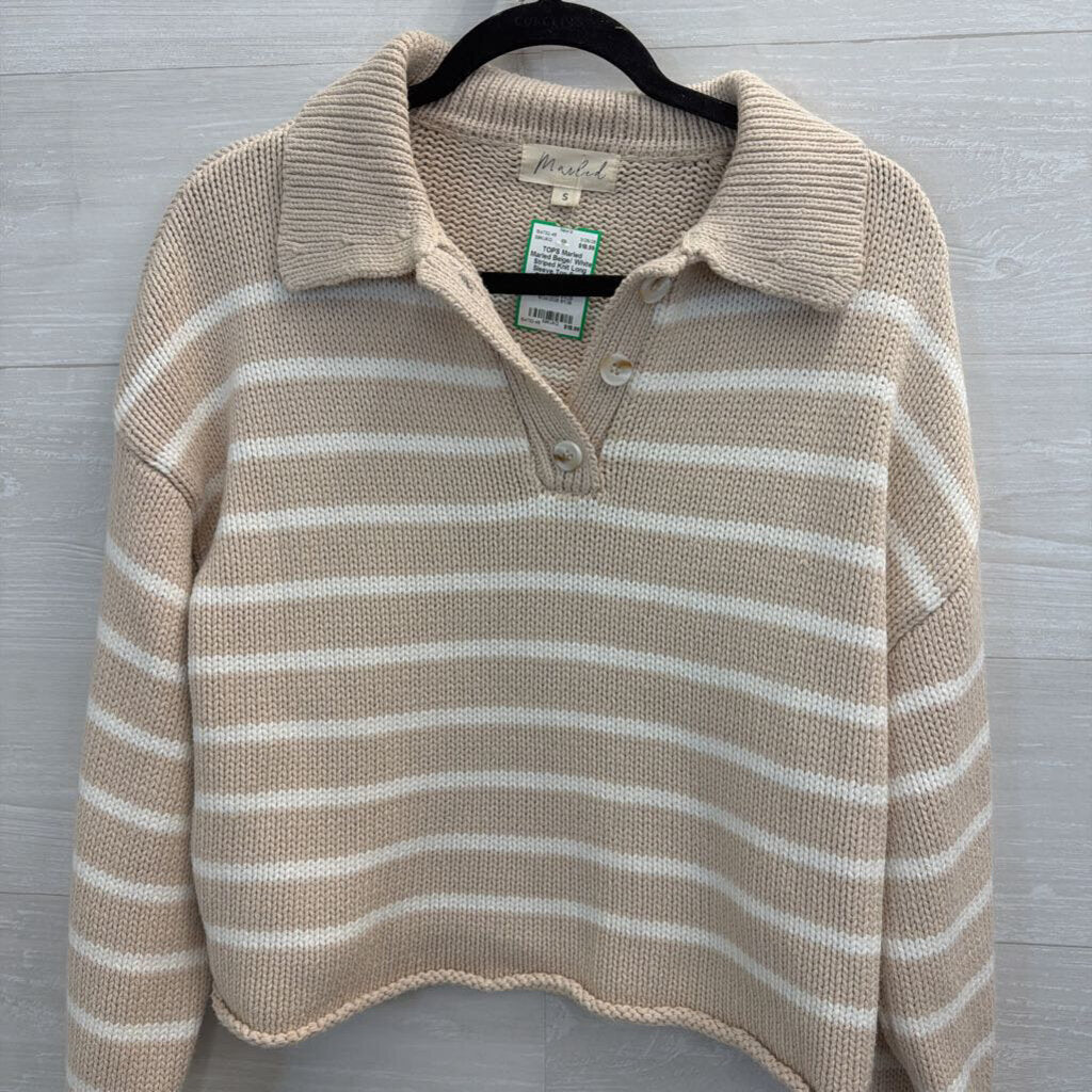Marled Beige/ White Striped Knit Long Sleeve Top Small