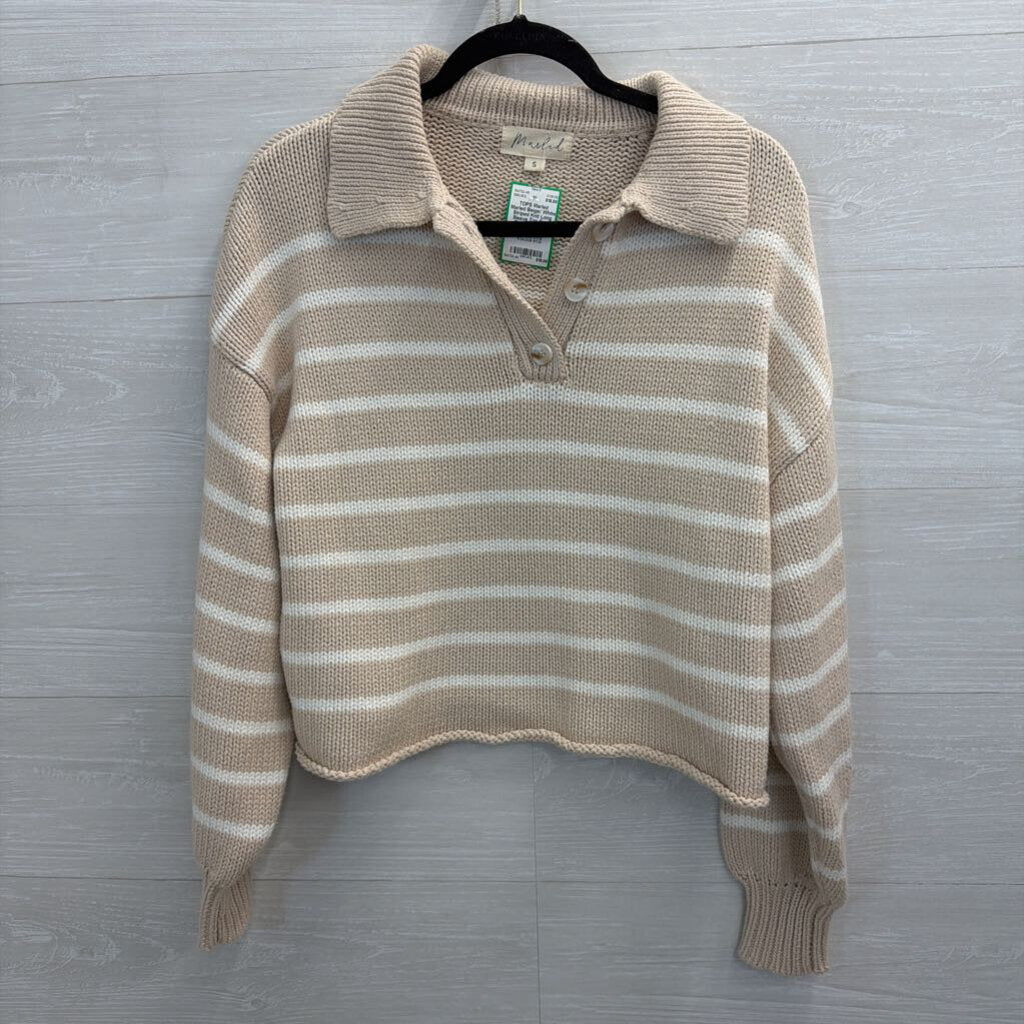 Marled Beige/ White Striped Knit Long Sleeve Top Small