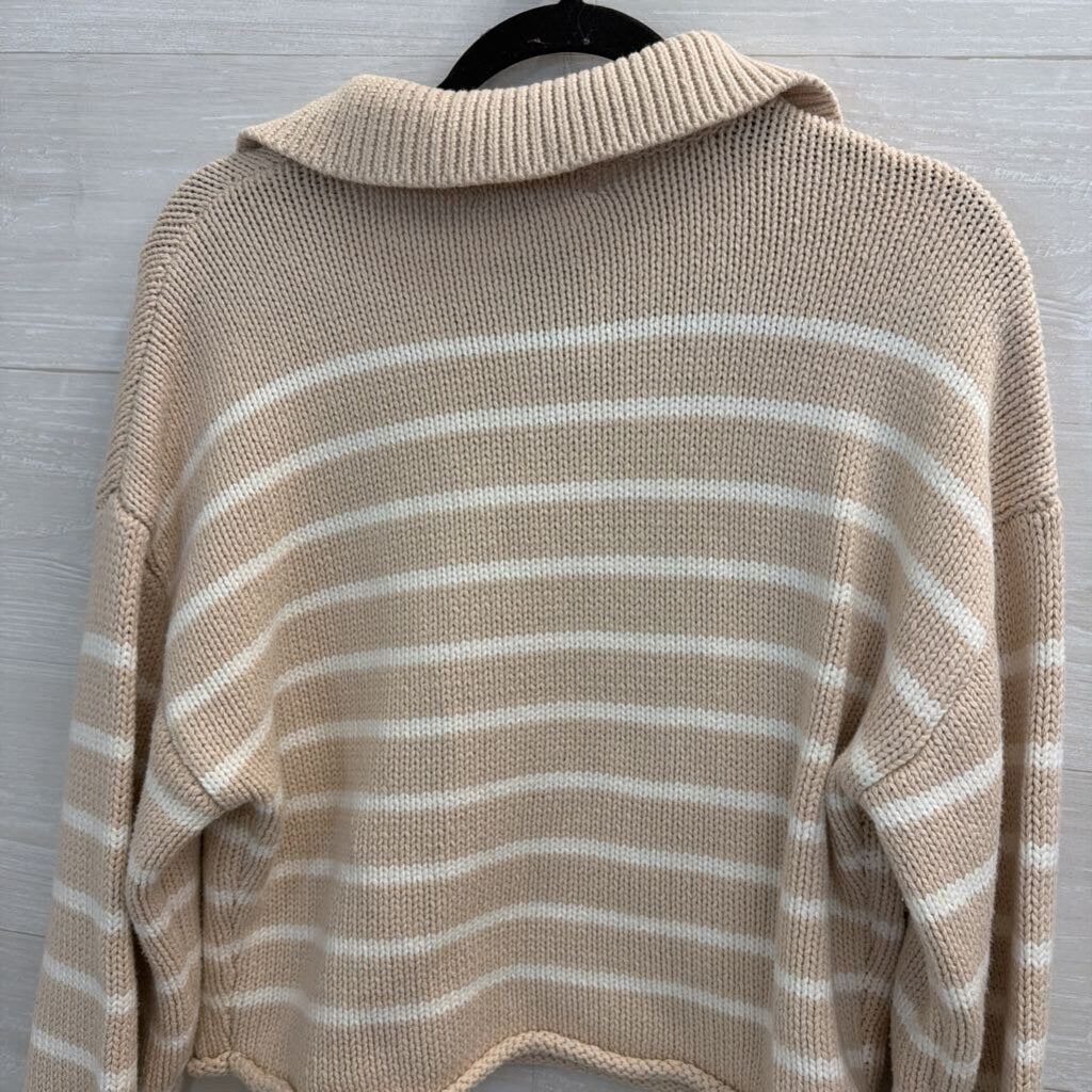 Marled Beige/ White Striped Knit Long Sleeve Top Small
