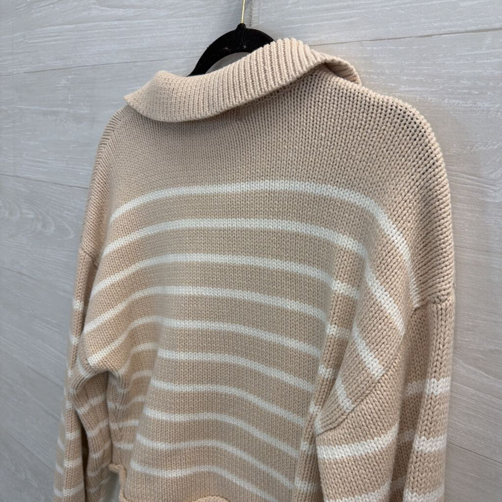 Marled Beige/ White Striped Knit Long Sleeve Top Small