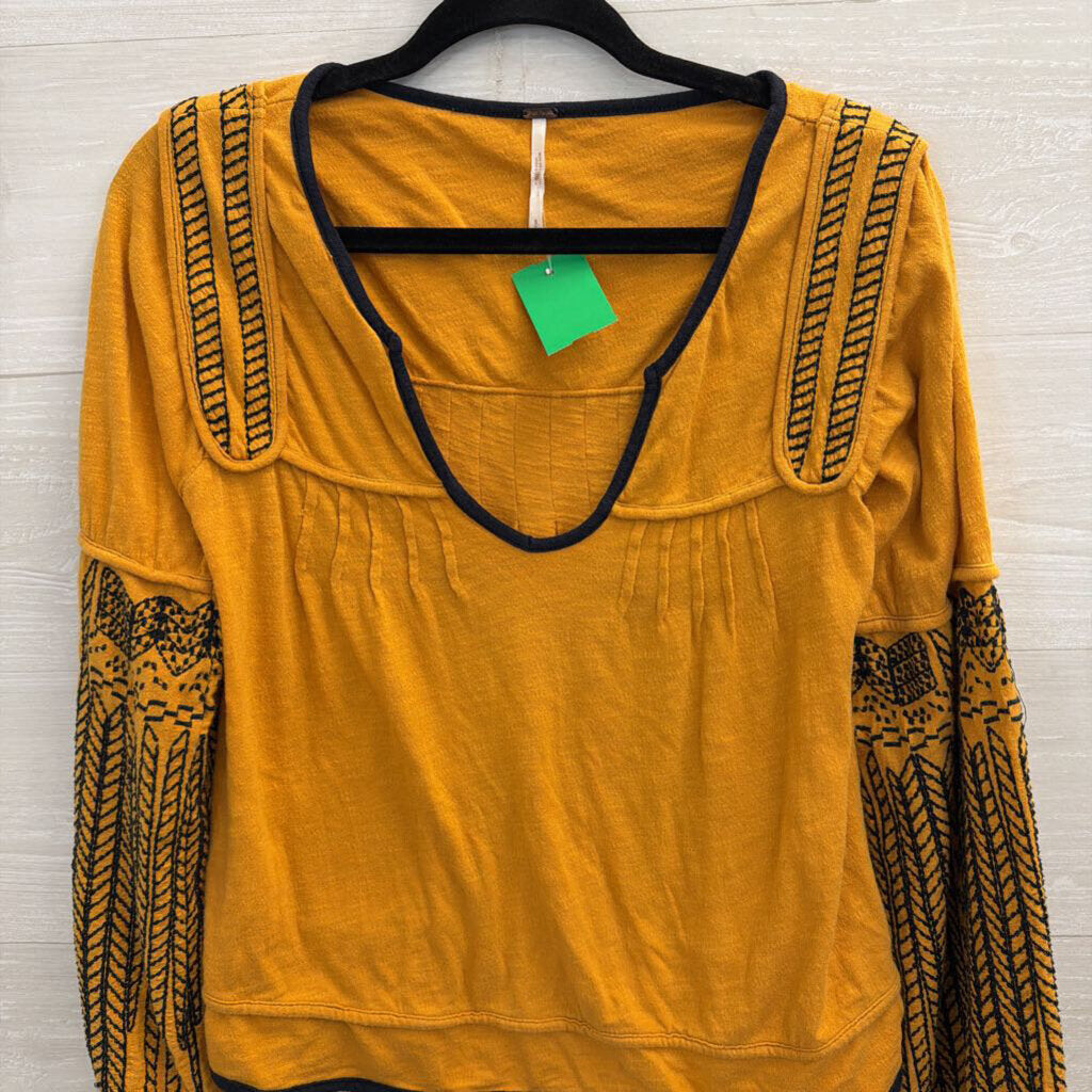 Free People Marigold/ Black Embroidered Long Sleeve Top Small