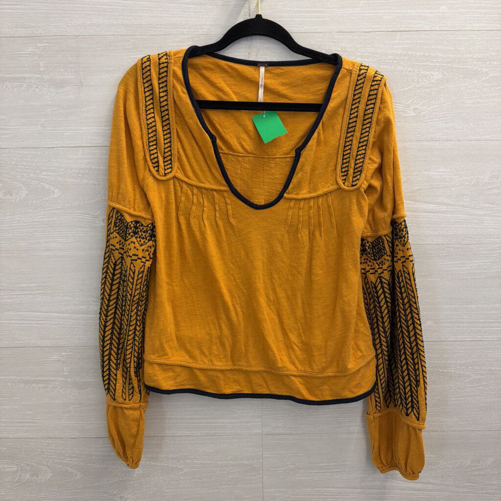 Free People Marigold/ Black Embroidered Long Sleeve Top Small