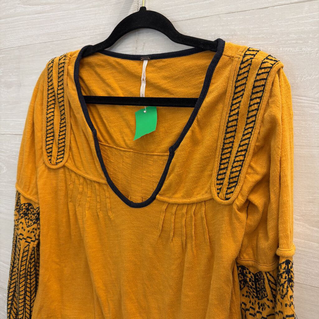 Free People Marigold/ Black Embroidered Long Sleeve Top Small