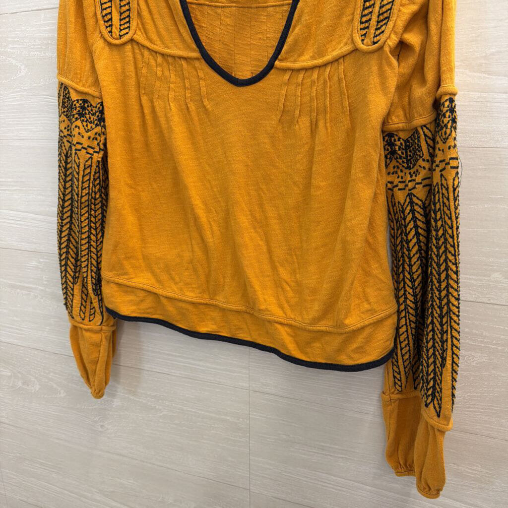 Free People Marigold/ Black Embroidered Long Sleeve Top Small