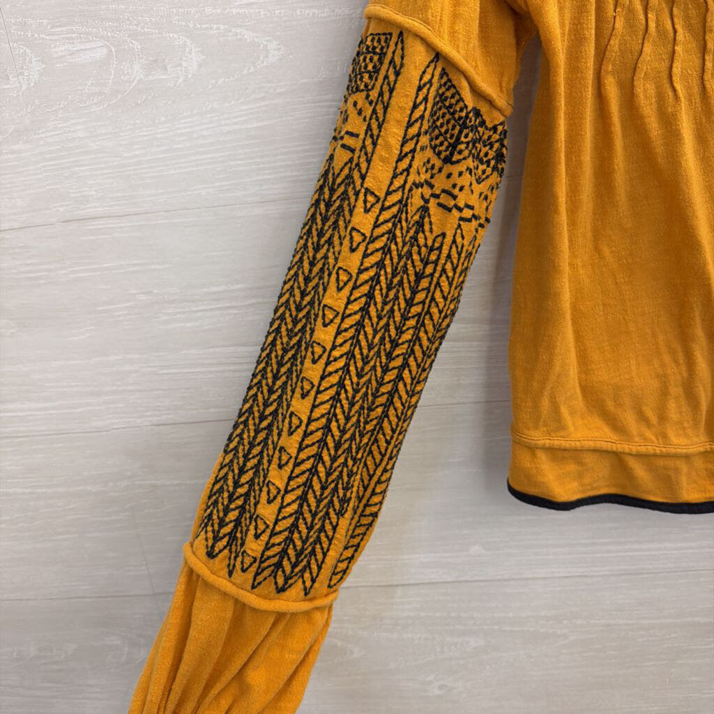Free People Marigold/ Black Embroidered Long Sleeve Top Small