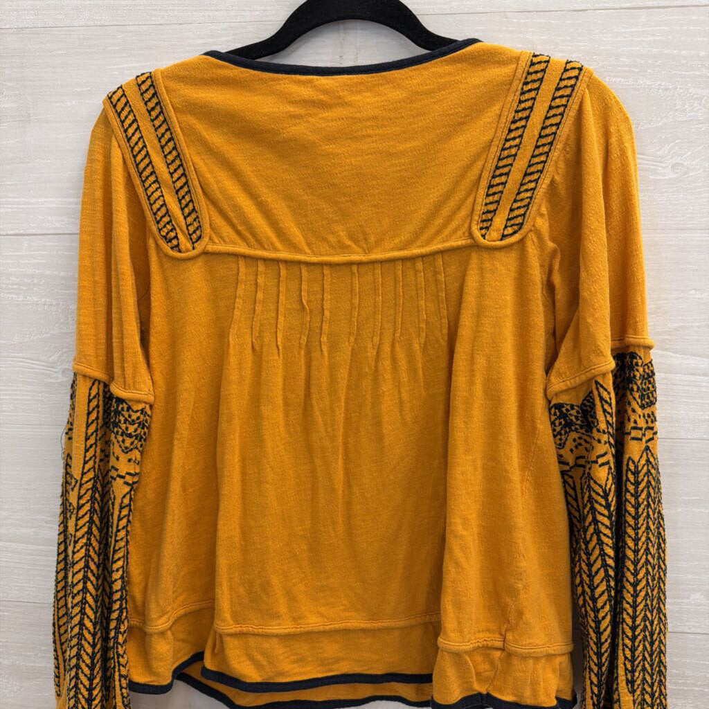 Free People Marigold/ Black Embroidered Long Sleeve Top Small