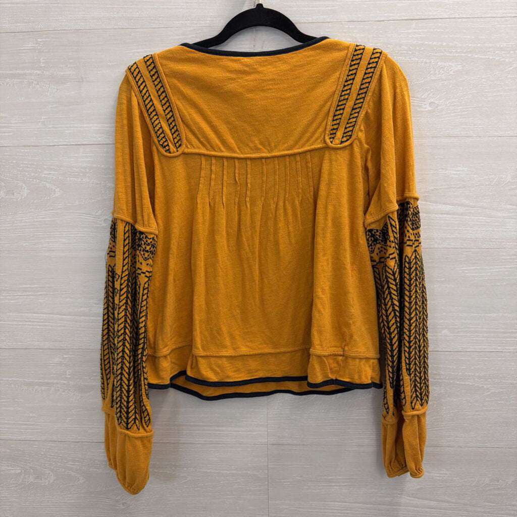 Free People Marigold/ Black Embroidered Long Sleeve Top Small