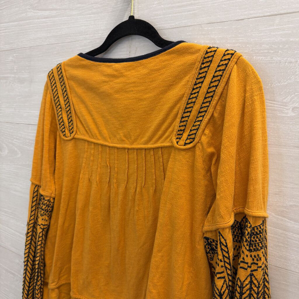 Free People Marigold/ Black Embroidered Long Sleeve Top Small