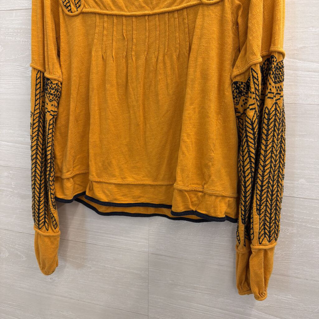 Free People Marigold/ Black Embroidered Long Sleeve Top Small