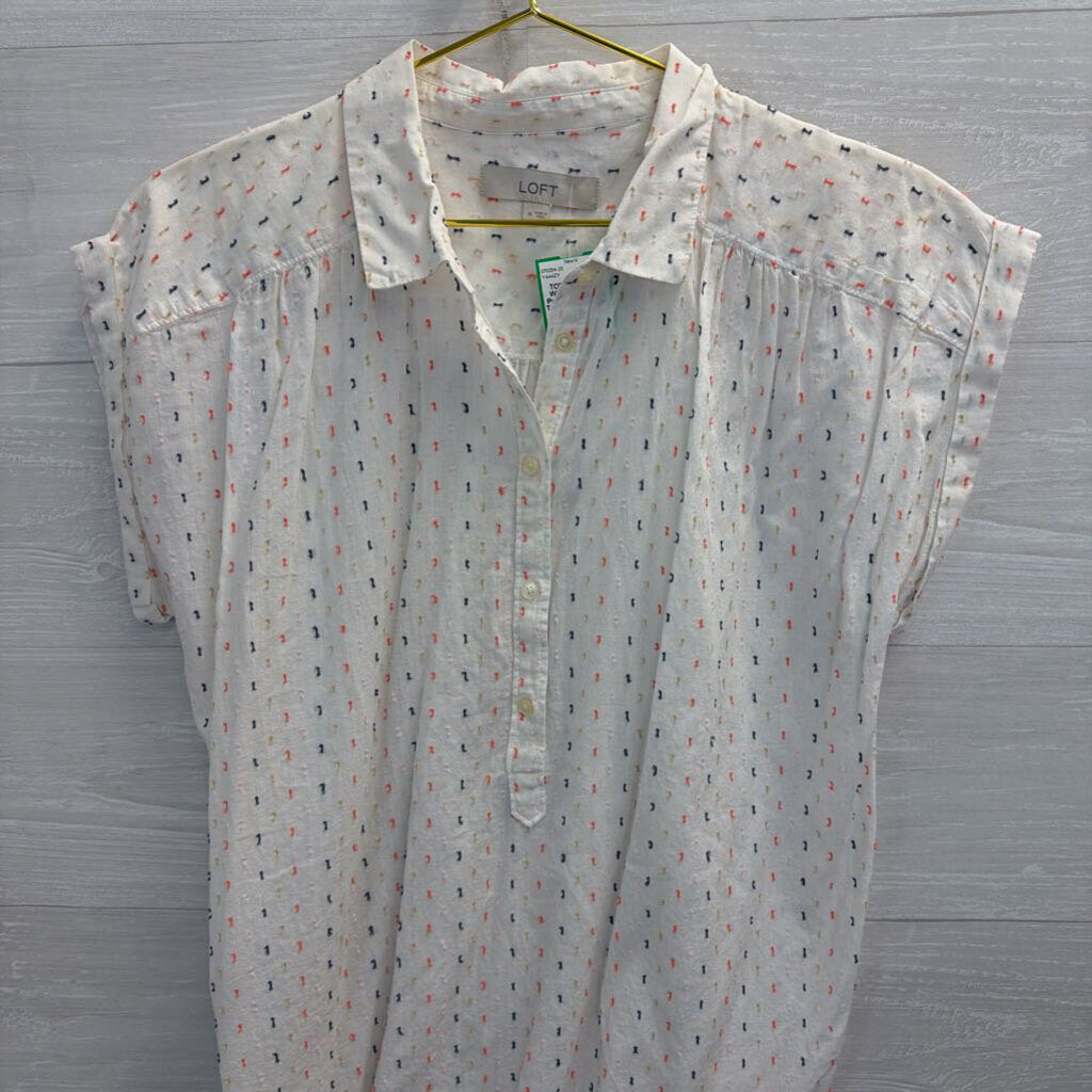 Loft White/ Multi Dot Print Short Sleeve Top Medium