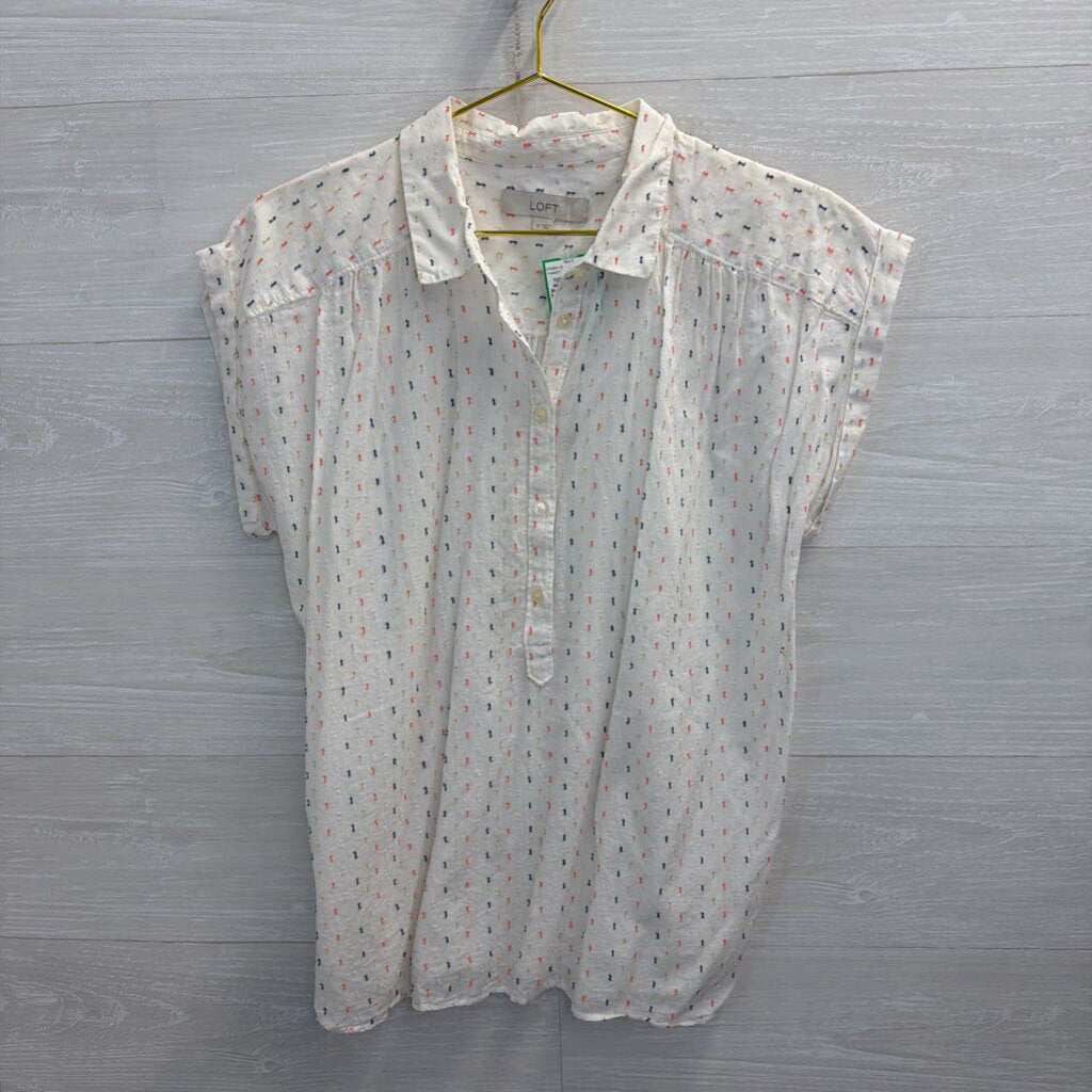 Loft White/ Multi Dot Print Short Sleeve Top Medium