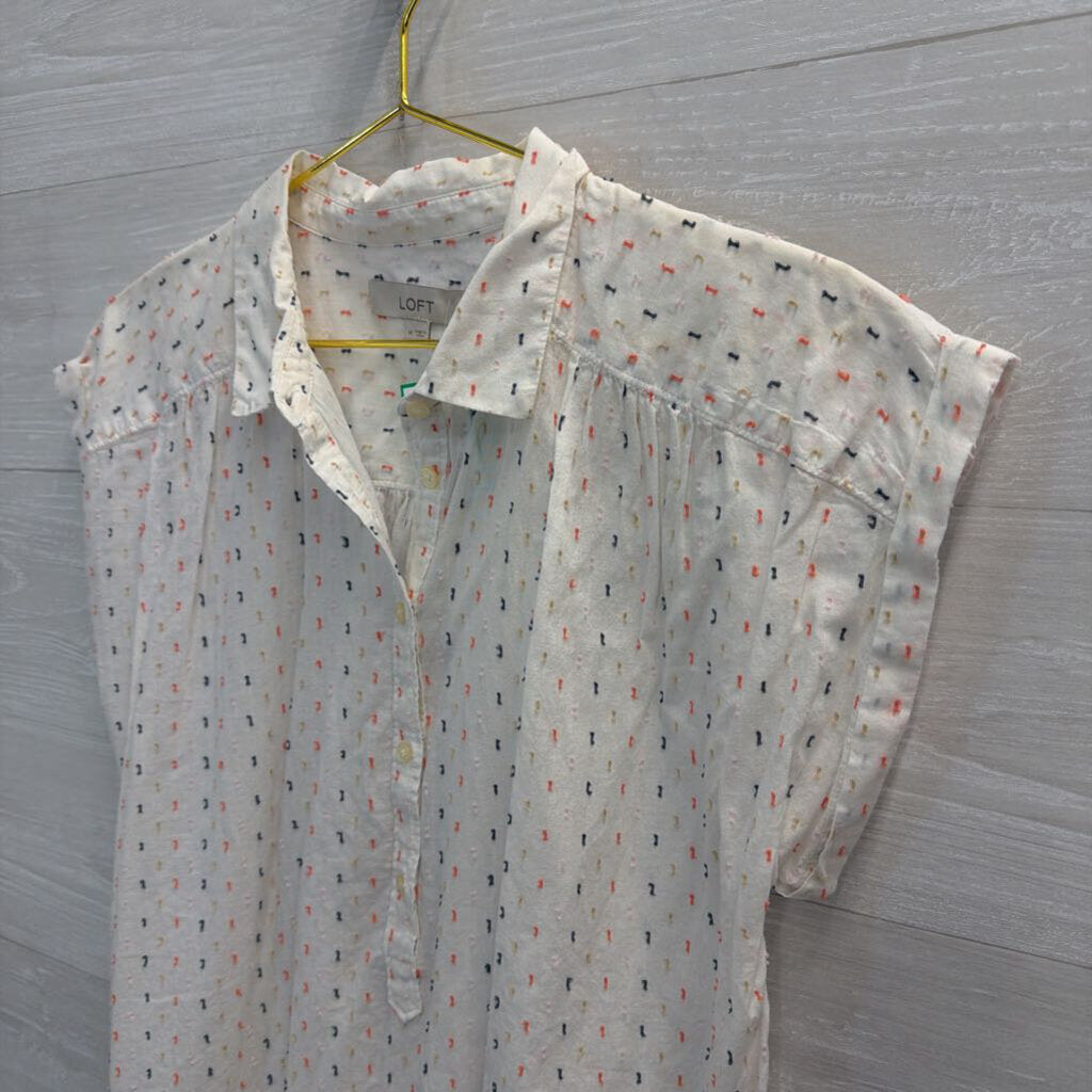 Loft White/ Multi Dot Print Short Sleeve Top Medium
