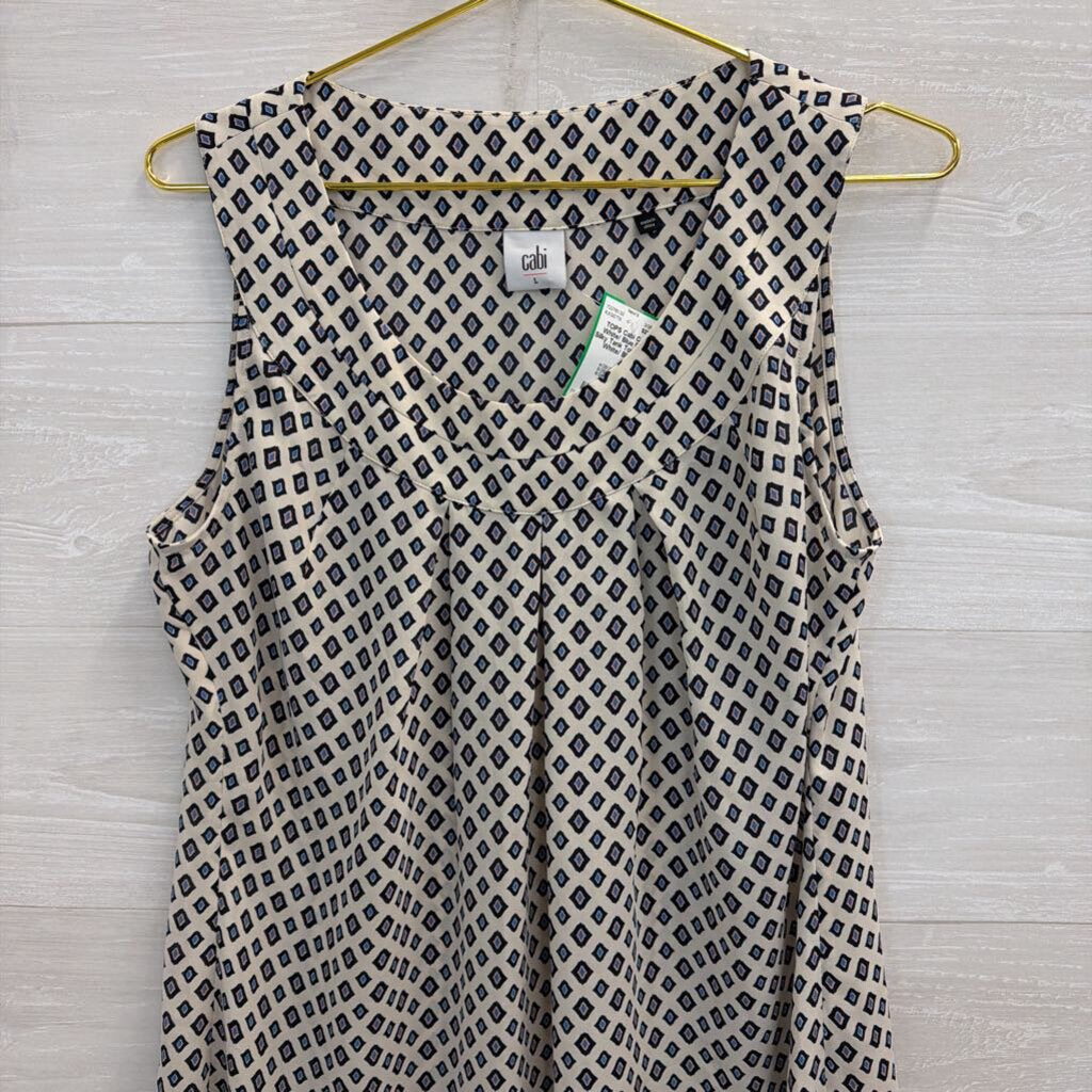 Cabi White/ Blue Print Silky Tank Top Large