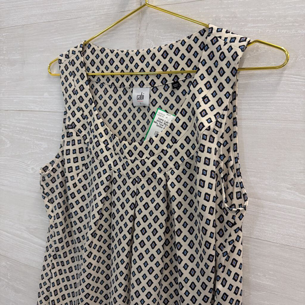 Cabi White/ Blue Print Silky Tank Top Large