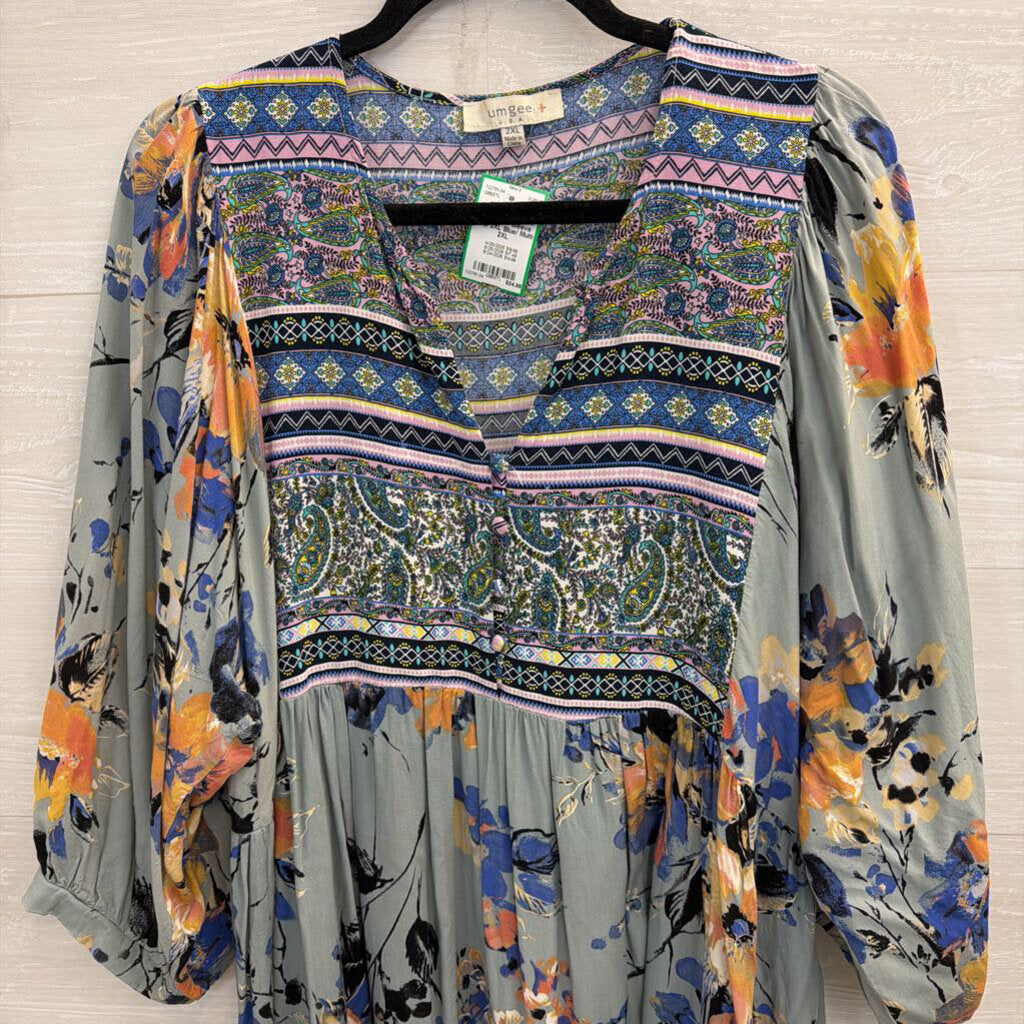 Umgee Blue/ Multi Print Puff Sleeve Top 2XL