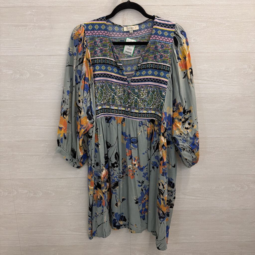 Umgee Blue/ Multi Print Puff Sleeve Top 2XL